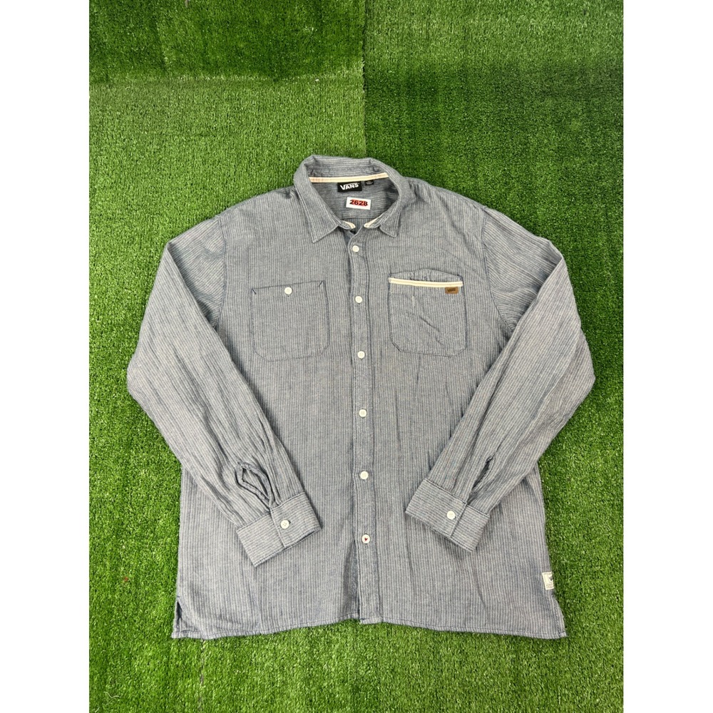Vans Mens XL Blue Herringbone Long Sleeve Button Down Shirt Dual Pocket
